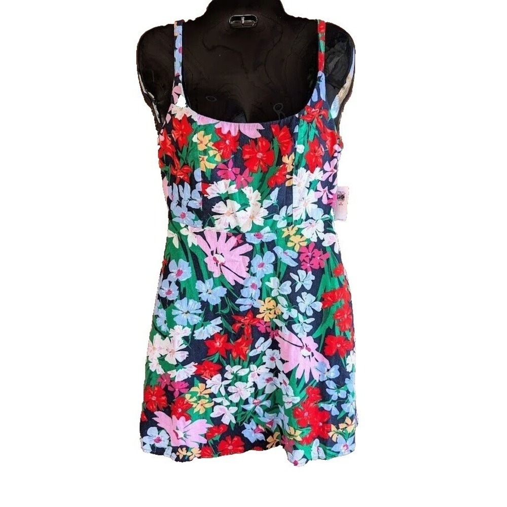 Old Navy Dress XS P New Bright Floral Linen Blend Pockets Smocked Beach Dainty